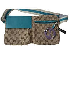 Gucci GG Canvas Web Teal Leather Waist Belt Bag