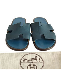 Hermes Izmir Blue Leather Slip On Slides